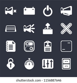 Set Of 16 icons such as Archive, Controls, Stopwatch, Unlocked, Frame, Mute, Calendar, Notepad, Upload on black background, web UI editable icon pack