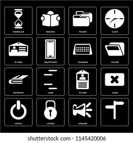 Set Of 16 icons such as, Speaker, Locked, Switch, Close, Hourglass, Id card, Notebook, Calendar, web UI editable icon pack, pixel perfect