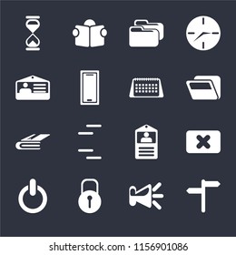 Set Of 16 icons such as, Speaker, Locked, Switch, Close, Hourglass, Id card, Notebook, Calendar on black background, web UI editable icon pack