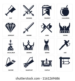 Set Of 16 icons such as, Castle, Gauntlet, Quiver, Axe, Cup, Jewelry, Excalibur, Axes, web UI editable icon pack, pixel perfect