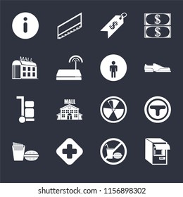 Set Of 16 icons such as Atm, No food, Hospital, Fast Junction, Information, Mall, Trolley, Restroom on black background, web UI editable icon pack