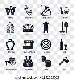 Set Of 16 icons such as Axe, Beer, Belt pouch, Wheelbarrow, Wine, Castle, Stained glass, Horseshoe, Tower on transparent background, pixel perfect