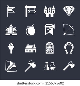 Set Of 16 icons such as Axe, Alchemy, Crossbow, Horseshoe, Flag, Castle, Torch, Trumpet on black background, web UI editable icon pack