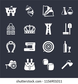 Set Of 16 icons such as Axe, Beer, Belt pouch, Wheelbarrow, Wine, Castle, Stained glass, Horseshoe, Tower on black background, web UI editable icon pack