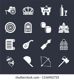 Set Of 16 icons such as Axe, Bow and arrow, Hat, Crossbow, Stained glass, Wheelbarrow, Archery, Scroll, Beer on black background, web UI editable icon pack