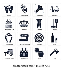 Set Of 16 icons such as Axe, Beer, Belt pouch, Wheelbarrow, Wine, Castle, Stained glass, Horseshoe, Tower, web UI editable icon pack, pixel perfect