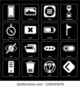 Set Of 16 icons such as Back, Help, Trash, Server, Switch, Smartphone, Compass, Hide, Battery, web UI editable icon pack, pixel perfect