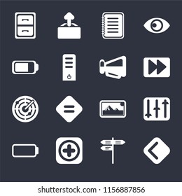 Set Of 16 icons such as Back, Street, Add, Battery, Controls, Archive, Radar, Megaphone on black background, web UI editable icon pack