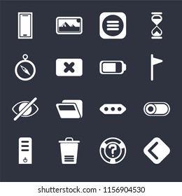 Set Of 16 icons such as Back, Help, Trash, Server, Switch, Smartphone, Compass, Hide, Battery on black background, web UI editable icon pack