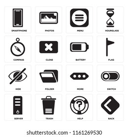 Set Of 16 icons such as Back, Help, Trash, Server, Switch, Smartphone, Compass, Hide, Battery, web UI editable icon pack, pixel perfect