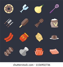 Set Of 16 icons such as Bacon, Pot, Salt, Coffee, Pudding, Doughnut, Knives, Sausage, Pepper on black background, web UI editable icon pack