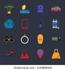 Set Of 16 icons such as Bag, Location, Purse, Sunbed, Trailer, Palm tree, Travel, Sunglasses, Bellhop on black background, web UI editable icon pack