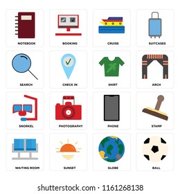 Set Of 16 icons such as Ball, Globe, Sunset, Waiting room, Stamp, Notebook, Search, Snorkel, Shirt, web UI editable icon pack, pixel perfect