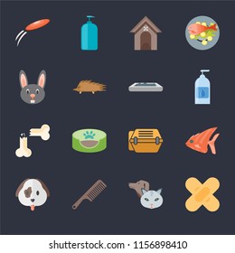Set Of 16 icons such as Band aid, Pet, Comb, Dog, Fish, Frisbee, Rabbit, Bone, Litter box on black background, web UI editable icon pack