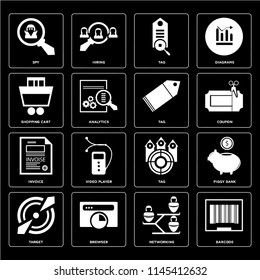 Set Of 16 icons such as Barcode, Networking, Browser, Target, Piggy bank, Spy, Shopping cart, Invoice, Tag, web UI editable icon pack, pixel perfect