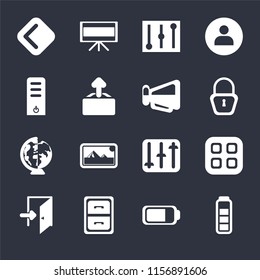 Set Of 16 icons such as Battery, Archive, Exit, Menu, Back, Server, Worldwide, Megaphone on black background, web UI editable icon pack