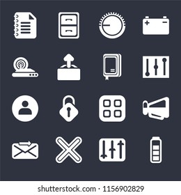 Set Of 16 icons such as Battery, Controls, Multiply, Send, Megaphone, Notepad, Wireless internet, User, Notebook on black background, web UI editable icon pack