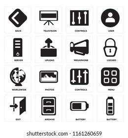 Set Of 16 icons such as Battery, Archive, Exit, Menu, Back, Server, Worldwide, Megaphone, web UI editable icon pack, pixel perfect