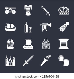 Set Of 16 icons such as Beer, Torch, Sword, Church, Scroll, Trebuchet, Ship, Helmet, Fanfare on black background, web UI editable icon pack