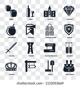 Set Of 16 icons such as Belt pouch, Tools, , Crown, Alchemy, Beer, Cauldron, Sword, Stained glass on transparent background, pixel perfect