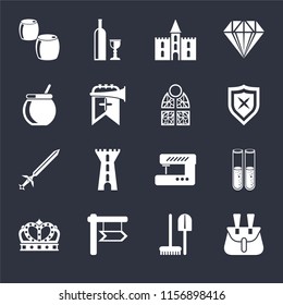 Set Of 16 icons such as Belt pouch, Tools, , Crown, Alchemy, Beer, Cauldron, Sword, Stained glass on black background, web UI editable icon pack