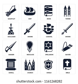 Set Of 16 icons such as Bible, Shield, Church, Scroll, Quiver, Gauntlet, Excalibur, Dagger, Caravel, web UI editable icon pack, pixel perfect