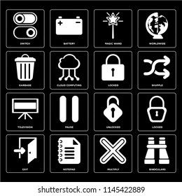 Set Of 16 icons such as Binoculars, Multiply, Notepad, Exit, Locked, Switch, Garbage, Television, web UI editable icon pack, pixel perfect