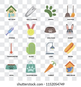 Set Of 16 icons such as Bird house, Carrot, Shopping bag, Bowl, Brush, Pet shop, Syringe, Thermometer, Dog food on transparent background, pixel perfect