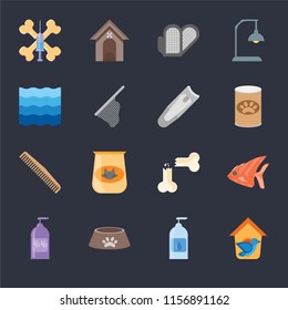 Set Of 16 icons such as Bird house, Drops, Dog food, Shampoo, Fish, Treats, Water, Comb, Nail clippers on black background, web UI editable icon pack