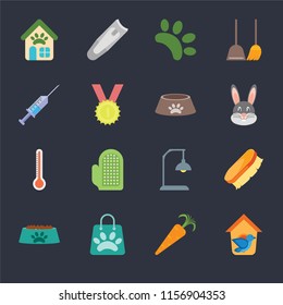 Set Of 16 icons such as Bird house, Carrot, Shopping bag, Bowl, Brush, Pet shop, Syringe, Thermometer, Dog food on black background, web UI editable icon pack