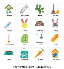 Set Of 16 icons such as Bird house, Carrot, Shopping bag, Bowl, Brush, Pet shop, Syringe, Thermometer, Dog food, web UI editable icon pack, pixel perfect