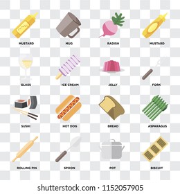 Set Of 16 icons such as Biscuit, Pot, Spoon, Rolling pin, Asparagus, Mustard, Glass, Sushi, Jelly on transparent background, pixel perfect
