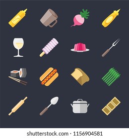 Set Of 16 icons such as Biscuit, Pot, Spoon, Rolling pin, Asparagus, Mustard, Glass, Sushi, Jelly on black background, web UI editable icon pack