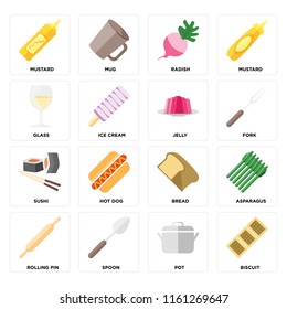 Set Of 16 icons such as Biscuit, Pot, Spoon, Rolling pin, Asparagus, Mustard, Glass, Sushi, Jelly, web UI editable icon pack, pixel perfect