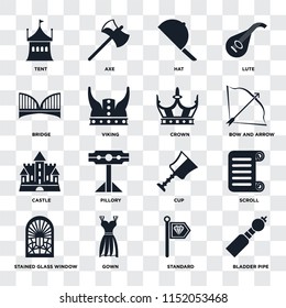 Set Of 16 icons such as Bladder pipe, Standard, Gown, Stained glass window, Scroll, Tent, Bridge, Castle, Crown on transparent background, pixel perfect