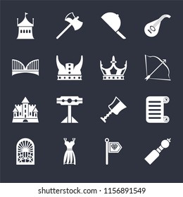Set Of 16 icons such as Bladder pipe, Standard, Gown, Stained glass window, Scroll, Tent, Bridge, Castle, Crown on black background, web UI editable icon pack