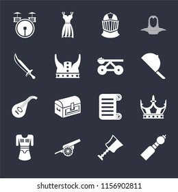 Set Of 16 icons such as Bladder pipe, Cup, Cannon, Tunic, Crown, Drum, Sword, Lute, Trebuchet on black background, web UI editable icon pack