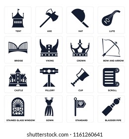 Set Of 16 icons such as Bladder pipe, Standard, Gown, Stained glass window, Scroll, Tent, Bridge, Castle, Crown, web UI editable icon pack, pixel perfect