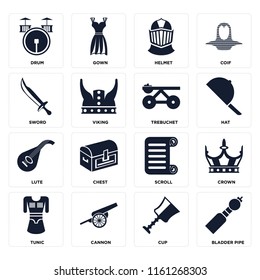 Set Of 16 icons such as Bladder pipe, Cup, Cannon, Tunic, Crown, Drum, Sword, Lute, Trebuchet, web UI editable icon pack, pixel perfect
