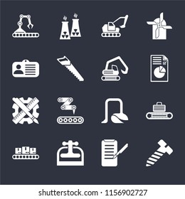 Set Of 16 icons such as Bolt, Planing, Machine press, Conveyor, Id card, Planning, Digger on black background, web UI editable icon pack