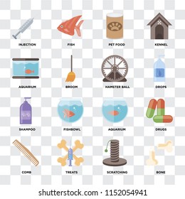 Set Of 16 icons such as Bone, Scratching, Treats, Comb, Drugs, Injection, Aquarium, Shampoo, Hamster ball on transparent background, pixel perfect