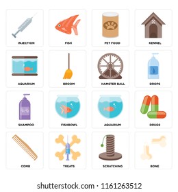 Set Of 16 icons such as Bone, Scratching, Treats, Comb, Drugs, Injection, Aquarium, Shampoo, Hamster ball, web UI editable icon pack, pixel perfect