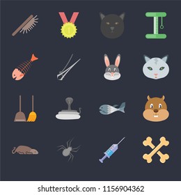 Set Of 16 icons such as Bones, Syringe, Spider, Mouse, Hamster, Brush, Fish bone, Dustpan, Rabbit on black background, web UI editable icon pack
