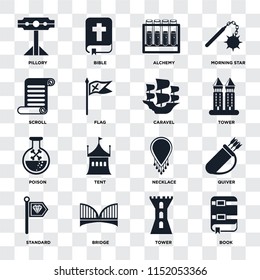 Set Of 16 icons such as Book, Tower, Bridge, Standard, Quiver, Pillory, Scroll, Poison, Caravel on transparent background, pixel perfect