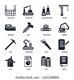 Set Of 16 icons such as Book, Silo, Plan, Mill, Planing, Elevator, Measure, Pick, Conveyor, web UI editable icon pack, pixel perfect