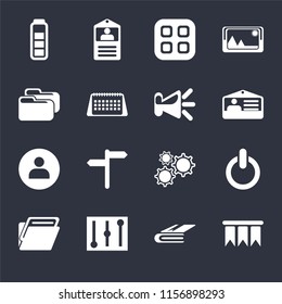 Set Of 16 icons such as Bookmark, Notebook, Controls, Folder, Switch, Battery, User, Speaker on black background, web UI editable icon pack