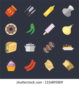 Set Of 16 icons such as Bread, Toast, Sausage, Cupcake, Risotto, Jam, Doughnut, Taco, Ice cream on black background, web UI editable icon pack