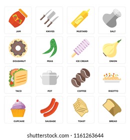 Set Of 16 icons such as Bread, Toast, Sausage, Cupcake, Risotto, Jam, Doughnut, Taco, Ice cream, web UI editable icon pack, pixel perfect
