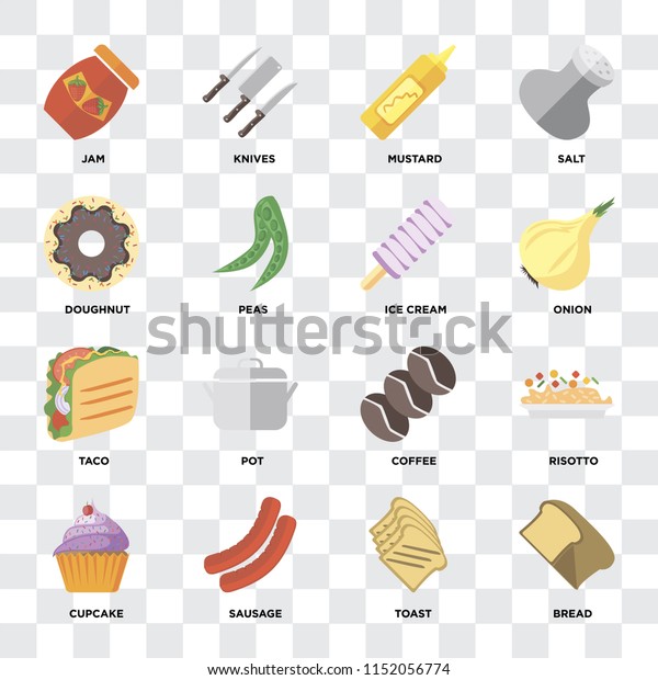 Set Of 16 icons such as Bread, Toast, Sausage,\
Cupcake, Risotto, Jam, Doughnut, Taco, Ice cream on transparent\
background, pixel perfect