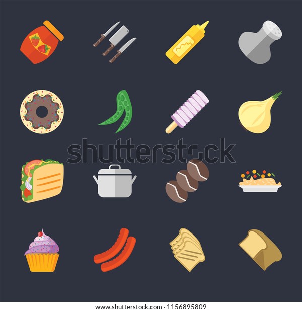 Set Of 16 icons such as Bread, Toast, Sausage,\
Cupcake, Risotto, Jam, Doughnut, Taco, Ice cream on black\
background, web UI editable icon\
pack